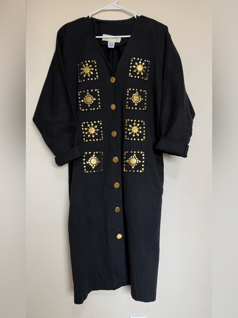 Vintage Monique Fashions Black Long Sleeve Gold Button Dress 7/8 Medium